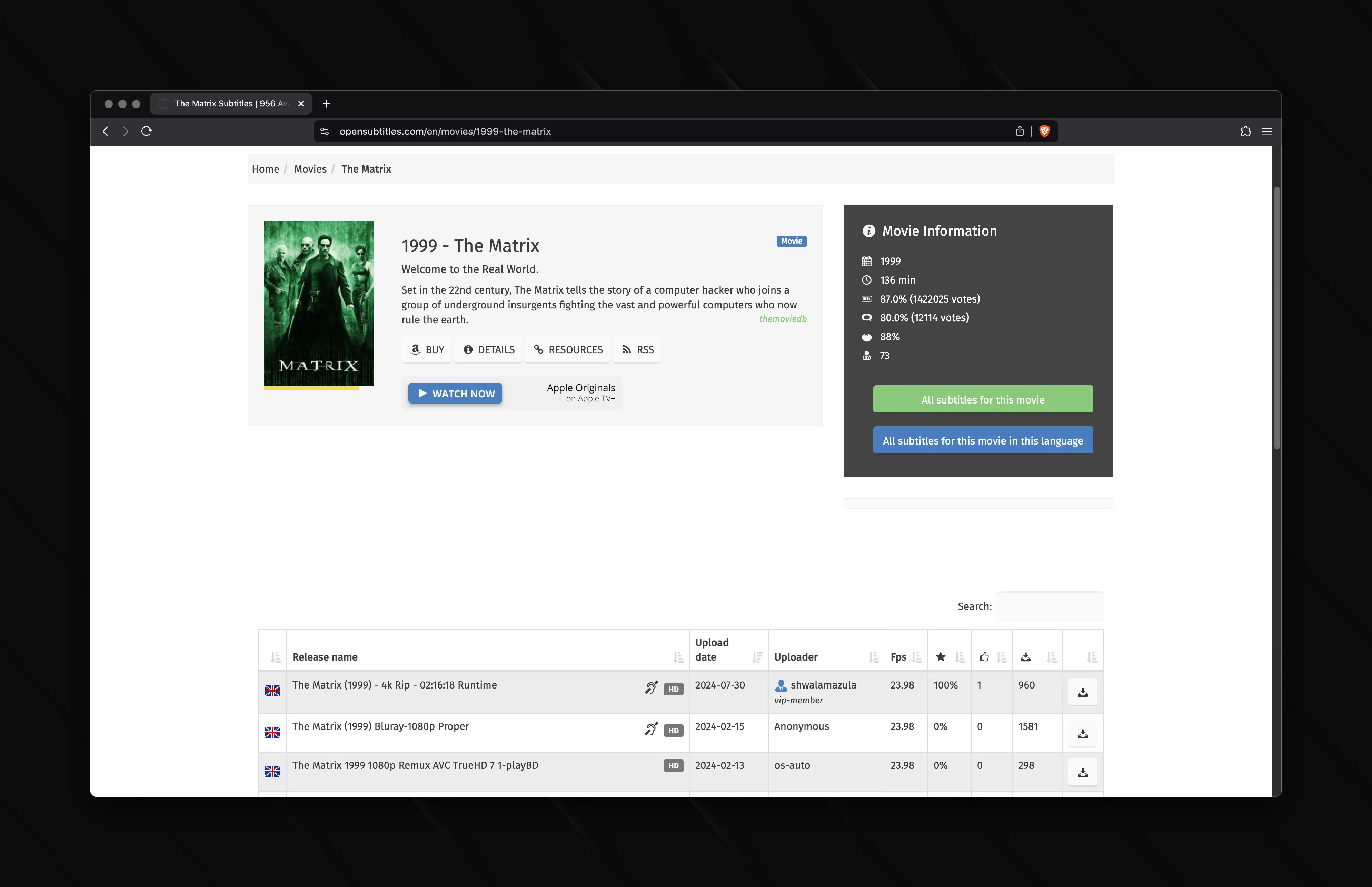 OpenSubtitles Interface